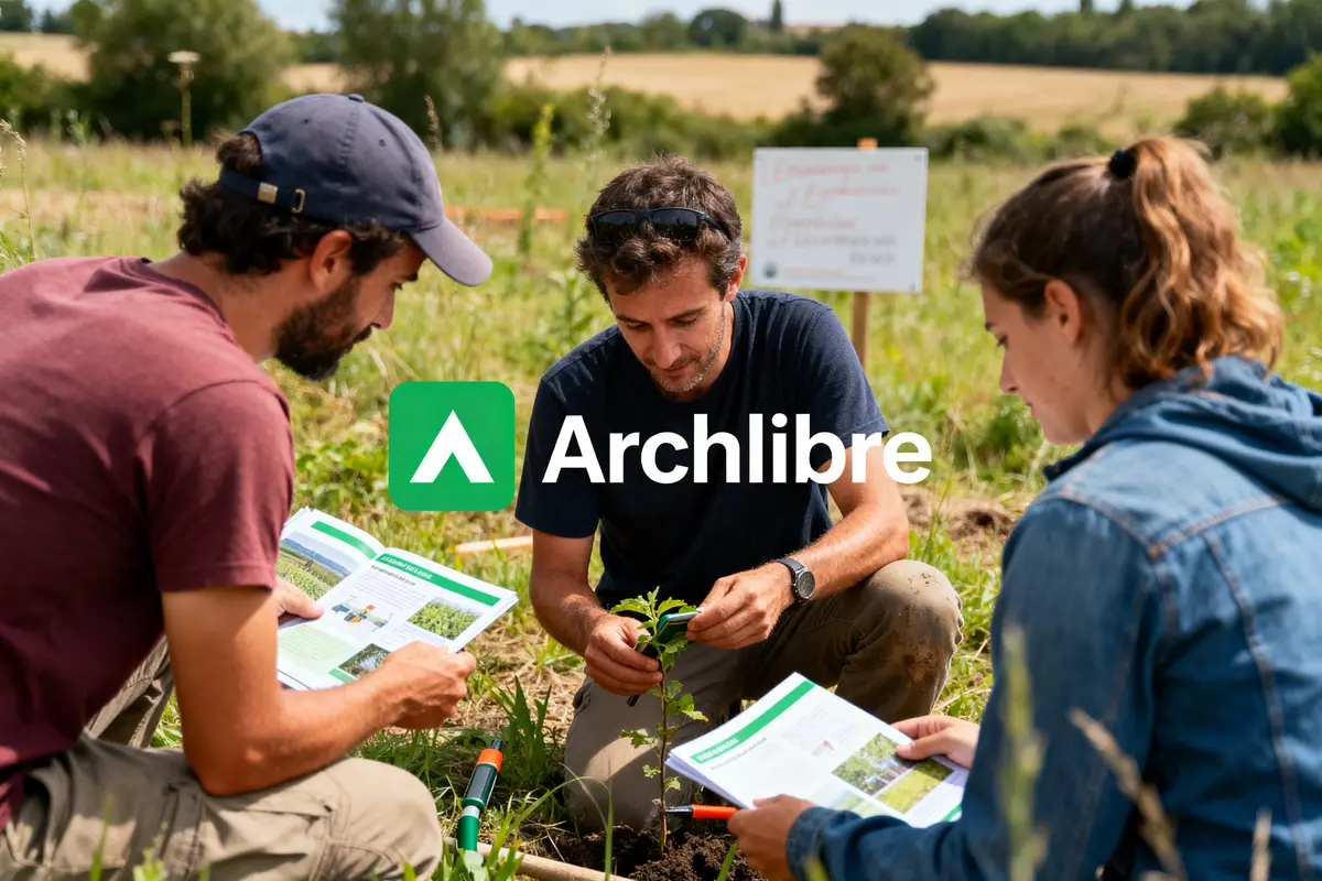 Trois personnes étudient des plantes dans un champ, avec des brochures. Logo Archilibre visible.