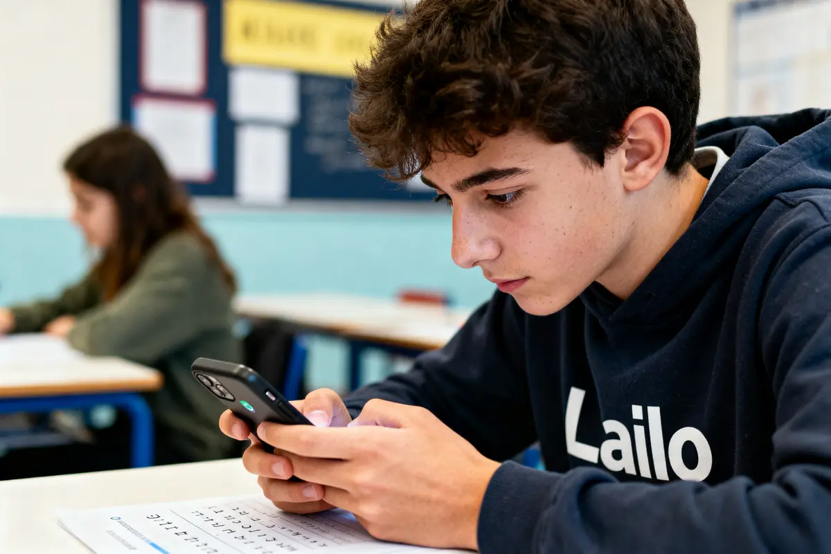 Un ado utilise un smartphone en classe, concentré sur l'écran, avec des feuilles sur la table.