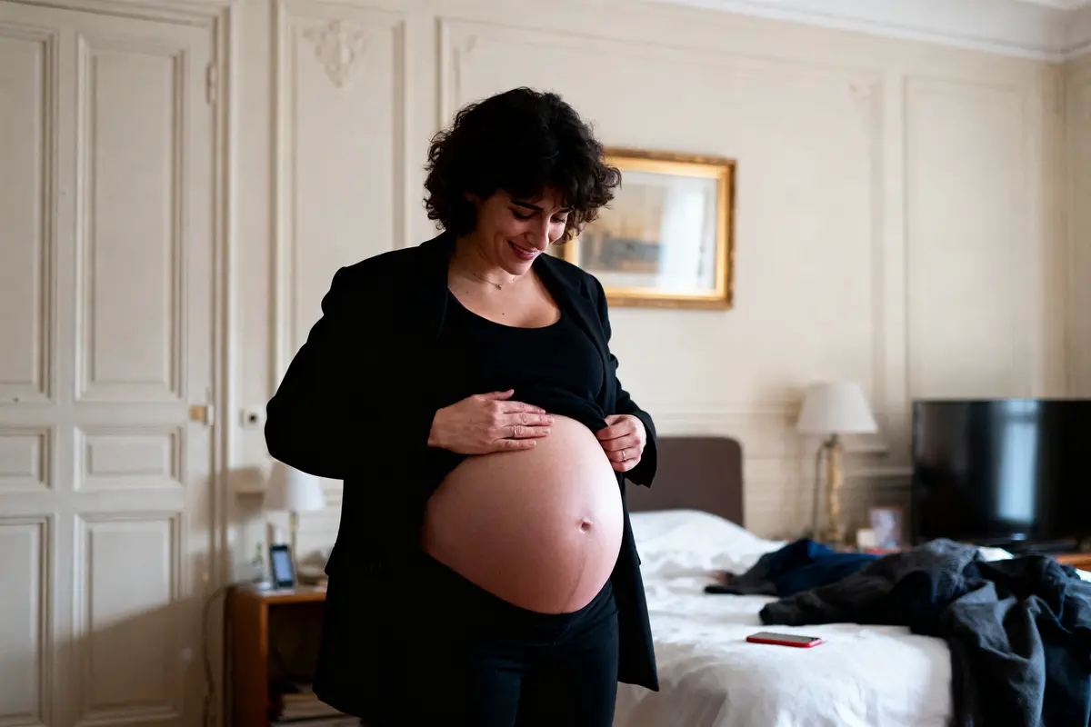 Femme enceinte souriante touchant son ventre rond dans une chambre élégante.