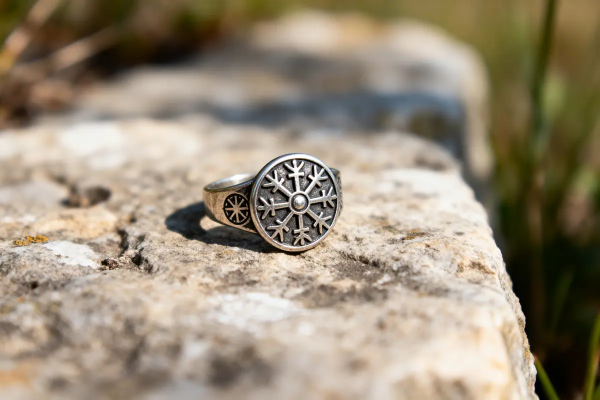 Bague en métal avec motif de flocon, posée sur une pierre, arrière-plan flou.