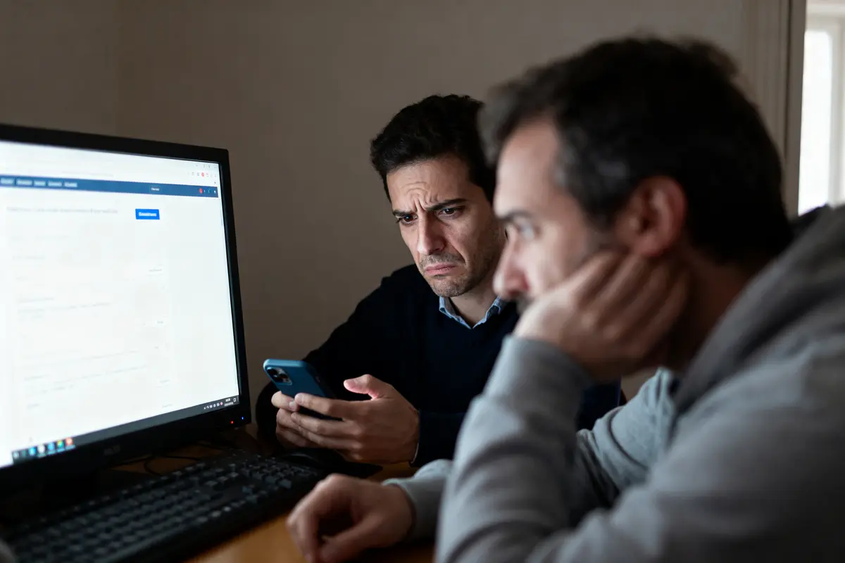 Deux hommes perplexes devant un ordinateur, l'un tenant un téléphone. Écran d'ordinateur flou à gauche.