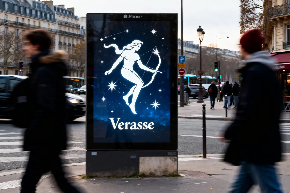 Affiche lumineuse avec dessin de Sagittaire, inscription "Verasse", passants flous, et rue parisienne en arrière-plan.