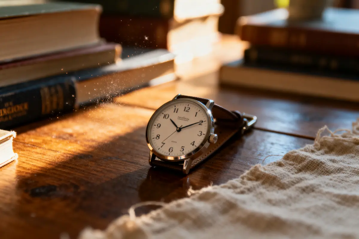 Montre-bracelet classique sur une table en bois, entourée de livres et éclairée par la lumière naturelle.