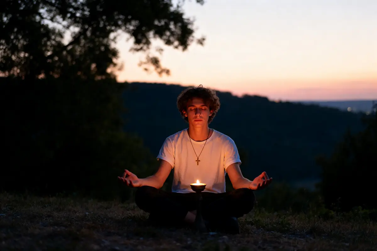 Personne médite au coucher du soleil, assise, bougie allumée devant, nature en arrière-plan.