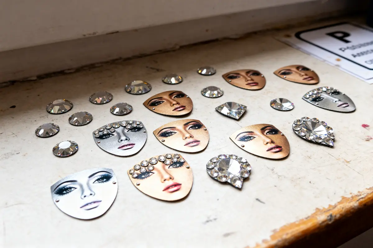 Visages artistiques imprimés et pierres décoratives scintillantes alignés sur une surface.