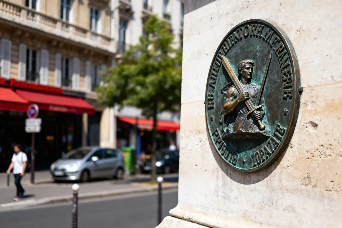 Plaque commémorative en bronze d'un soldat avec épées, sur un mur en ville, voitures et piéton.