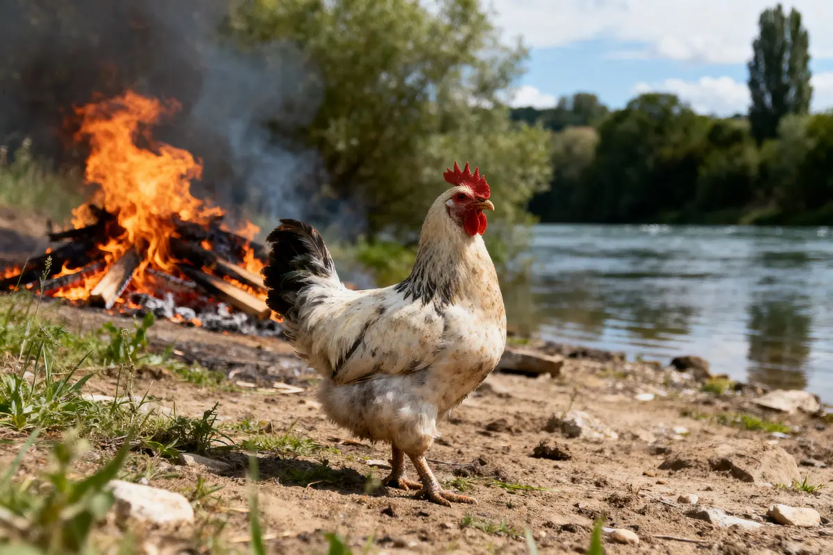 Coq blanc près d'un feu de camp au bord d'une rivière. Paysage naturel en arrière-plan.
