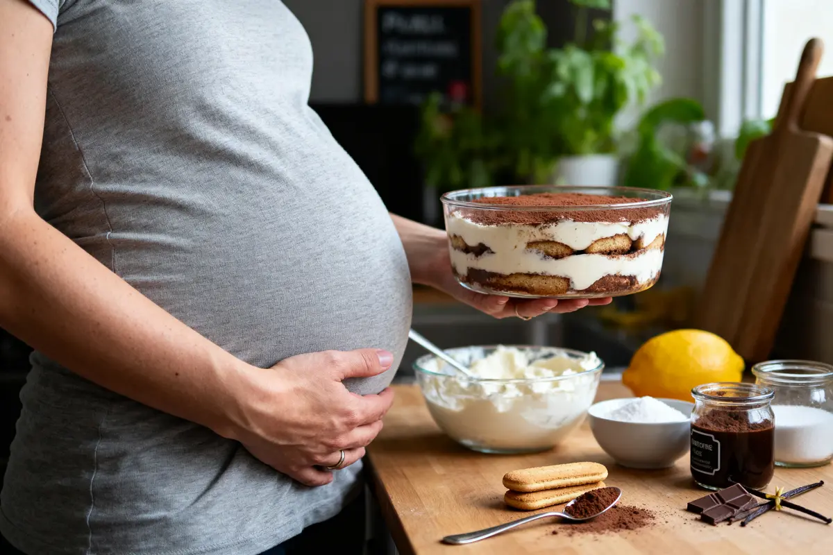 Personne enceinte tenant tiramisu, ingrédients de cuisine sur table en bois, citron et chocolat en arrière-plan.