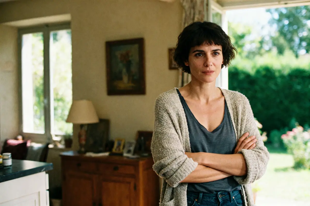 Une femme avec un cardigan dans une maison lumineuse, carrière photo et jardin en arrière-plan.