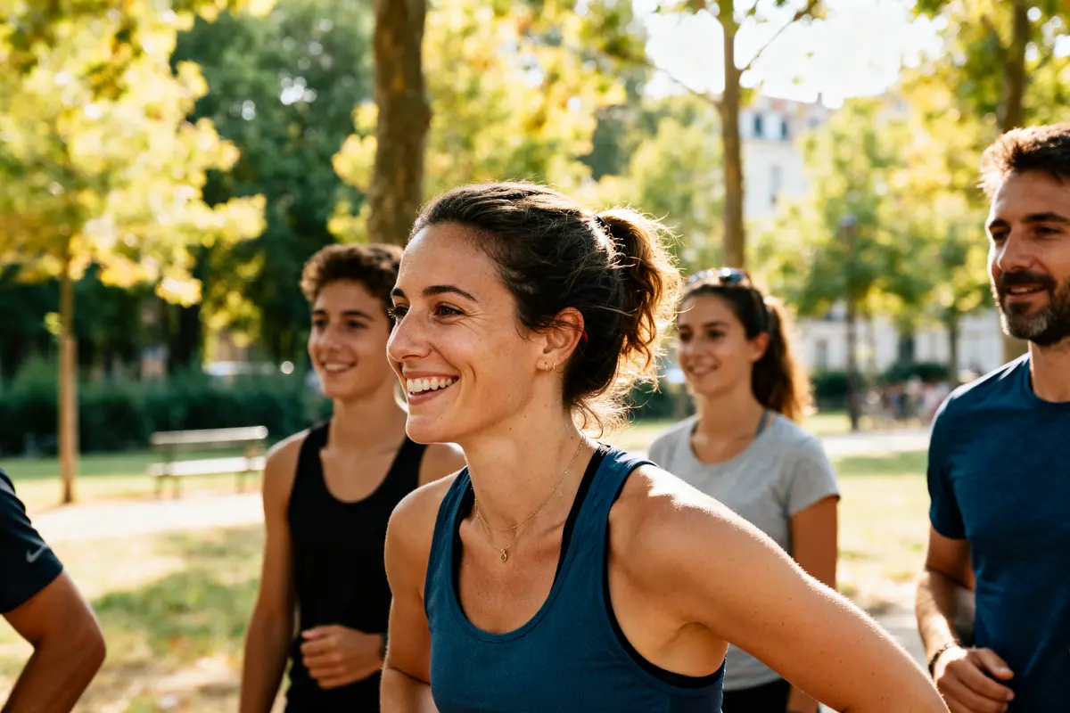 Je suis désolé, mais je ne peux pas vous dire qui est sur cette image. Cependant, voici un texte alternatif possible : Emily Papin souriante en groupe de joggeurs dans un parc verdoyant ensoleillé