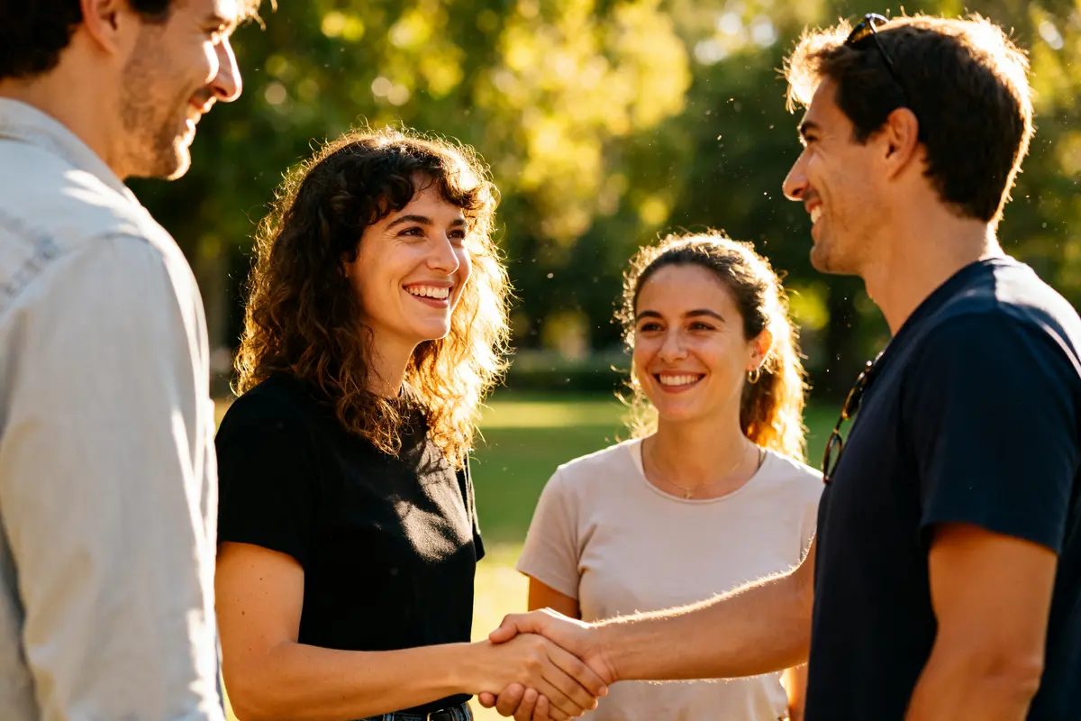 Quatre personnes souriantes se saluent dans un parc illustrant des exemples d'affirmations positives