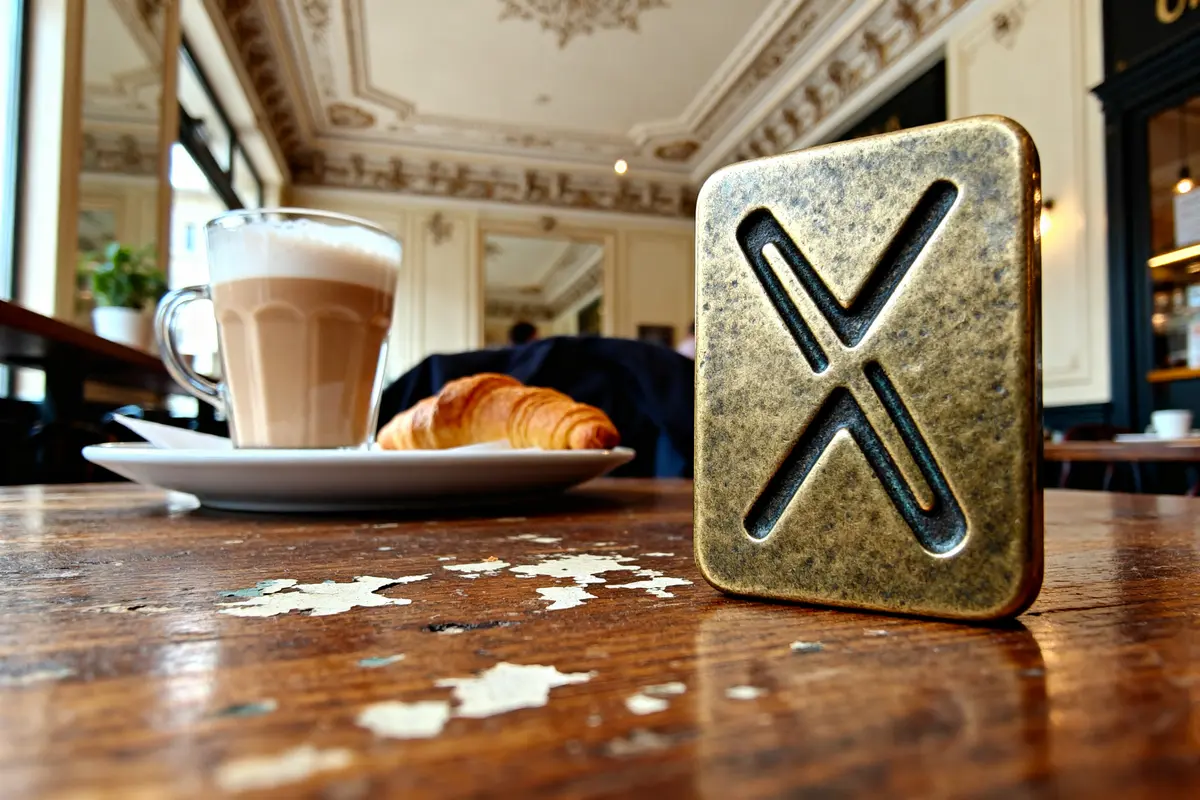 La rune Fehu sur une table de café avec croissant et cappuccino