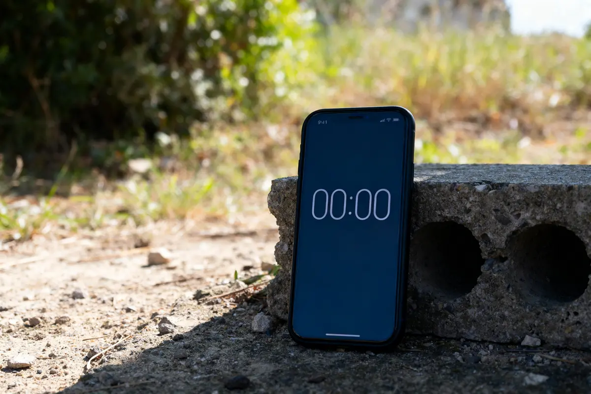 Smartphone affichant 00h00 posé sur parpaing, explorant la signification de 00h00 en extérieur