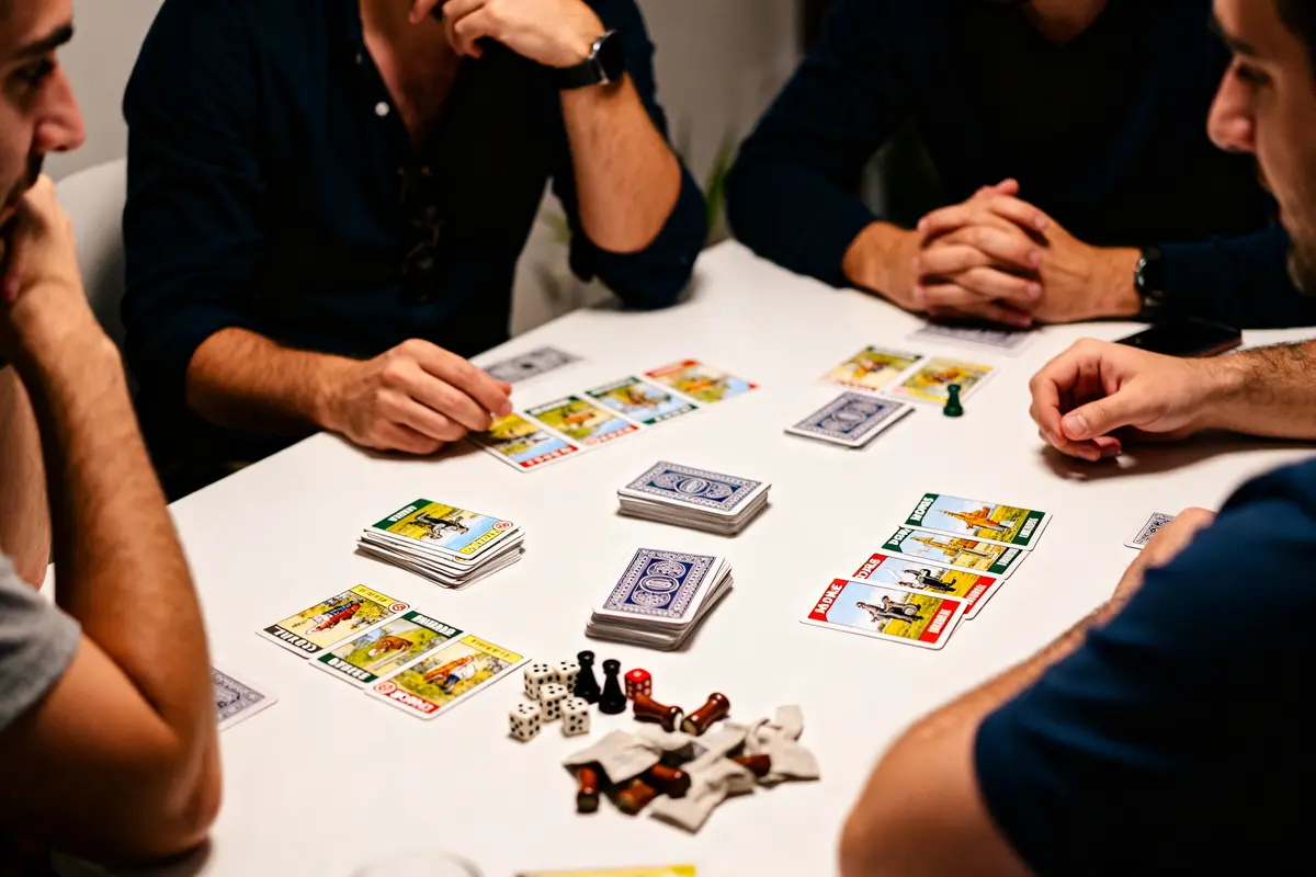 Des joueurs autour d'une table appliquent la règle du jeu Mille Bornes cartes en main