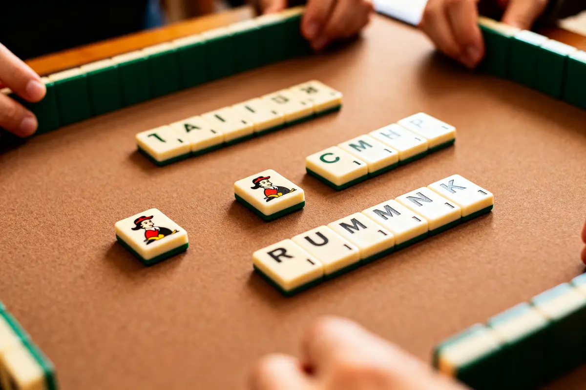 Personnes jouant au jeu de tuiles avec règlement du Rummikub sur une table