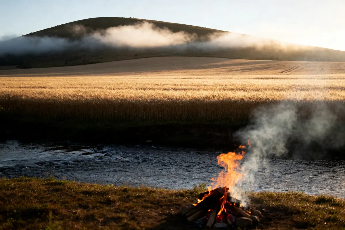 Feu de camp près d'une rivière sous une colline, signes de terre, eau, feu, air