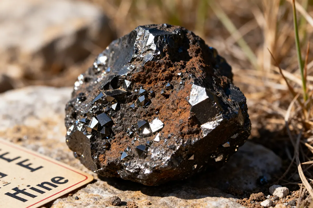 Gros plan sur un cristal brut illustrant les vertus de l'hématite en extérieur lumineux