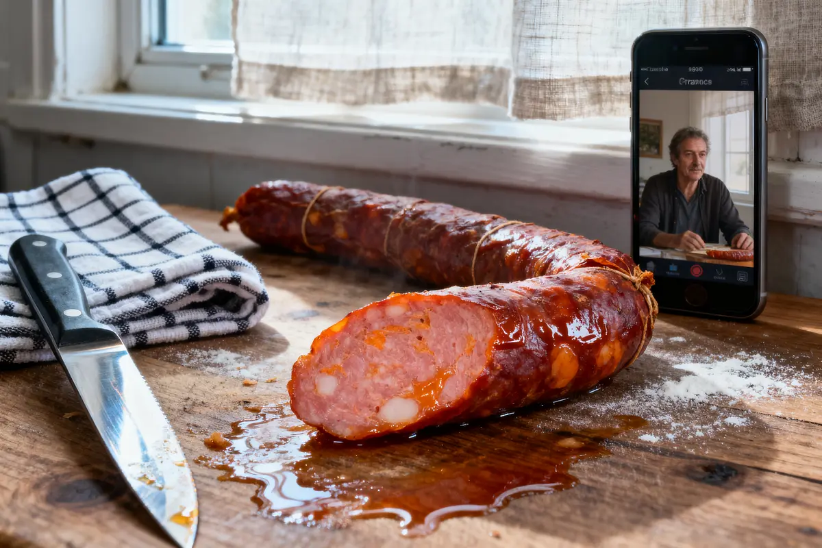 Saucisson coupé sur planche avec couteau, photo sur téléphone, cuisine ensoleillée, torchon à carreaux.