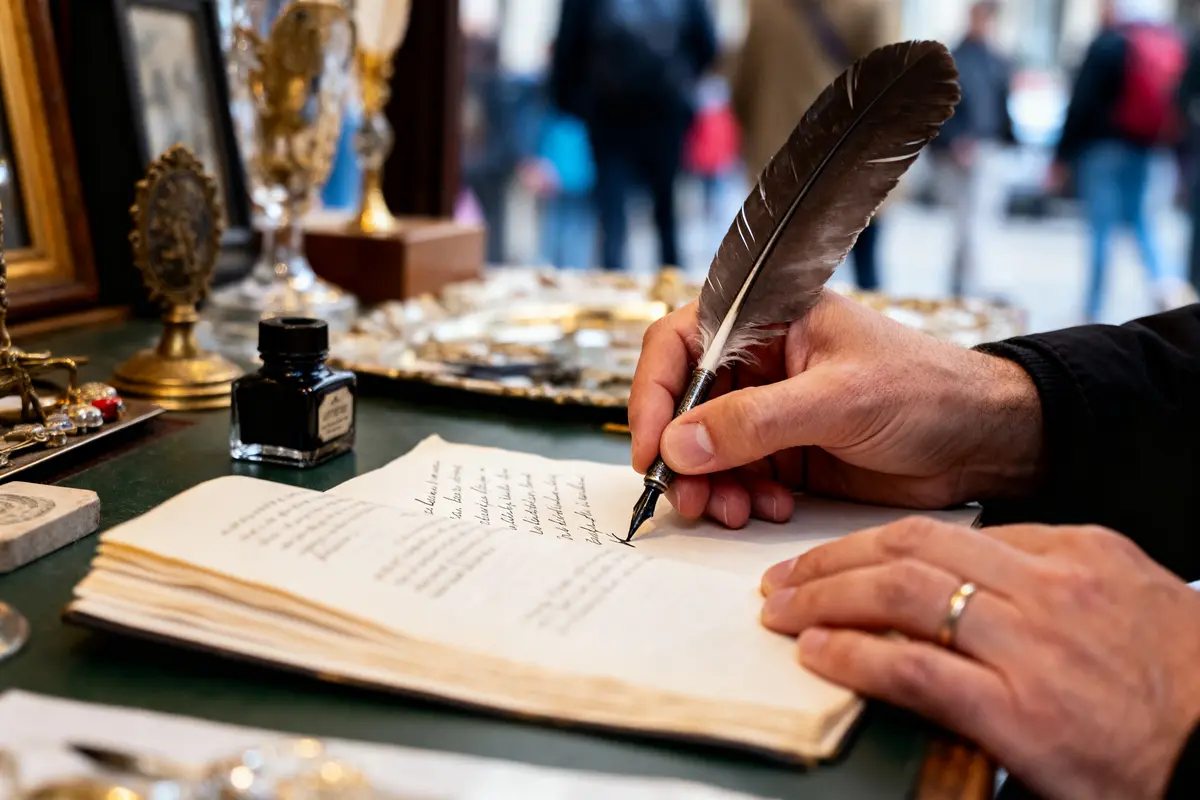 Main écrivant avec une plume sur papier, encre et objets anciens en arrière-plan.