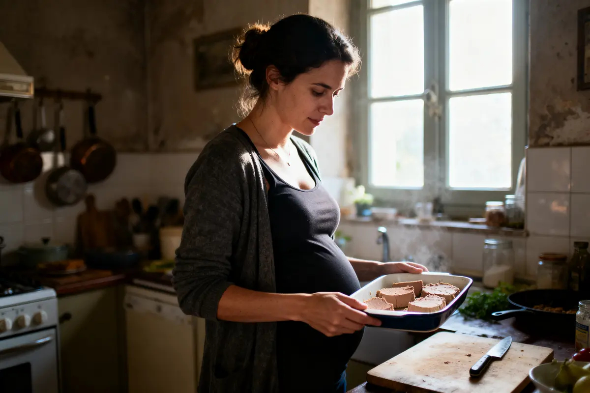 Femme enceinte dans la cuisine tenant un plat de pâté devant la fenêtre.