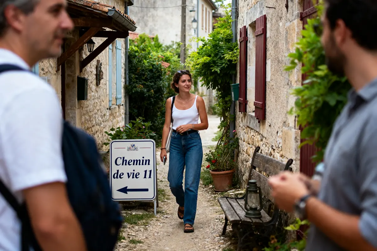 Une femme marche dans une ruelle pittoresque avec un panneau "Chemin de vie 11" visible.