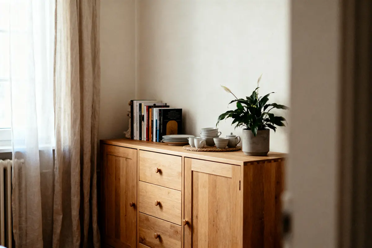 Buffet en bois avec plante en pot, livres, vaisselle blanche, rideaux beiges. Atmosphère chaleureuse et lumineuse.