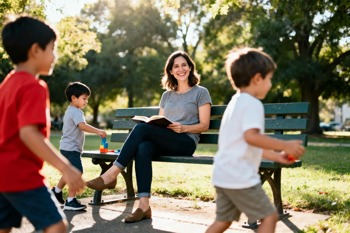 Femme lisant sur un banc dans un parc tandis que des enfants jouent autour.