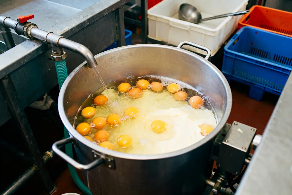 Casserole avec eau et nombreux œufs en train de cuire, entourée de caisses en plastique.