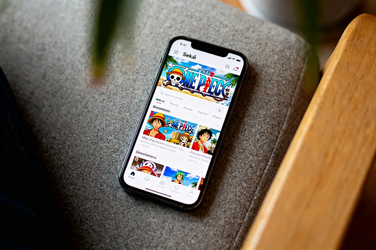 Smartphone affichant l'application d'animés, notamment une page sur "One Piece", posé sur un canapé gris.