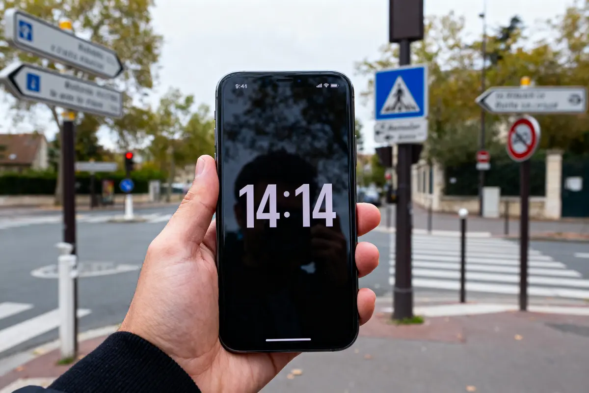 Une main tenant un smartphone affichant l'heure 14:14, devant un passage piéton urbain.