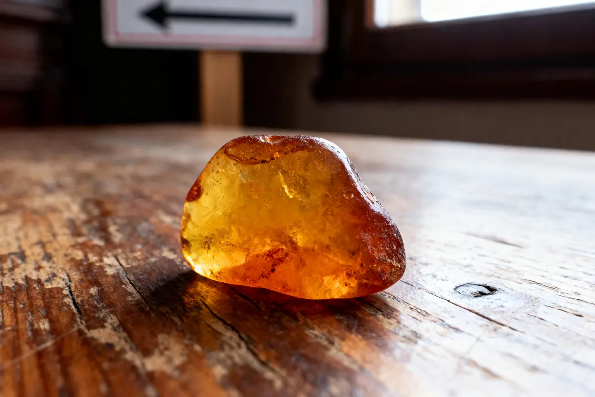 Gros plan sur une pierre d'ambre translucide posée sur une table en bois, éclairée par la lumière naturelle.